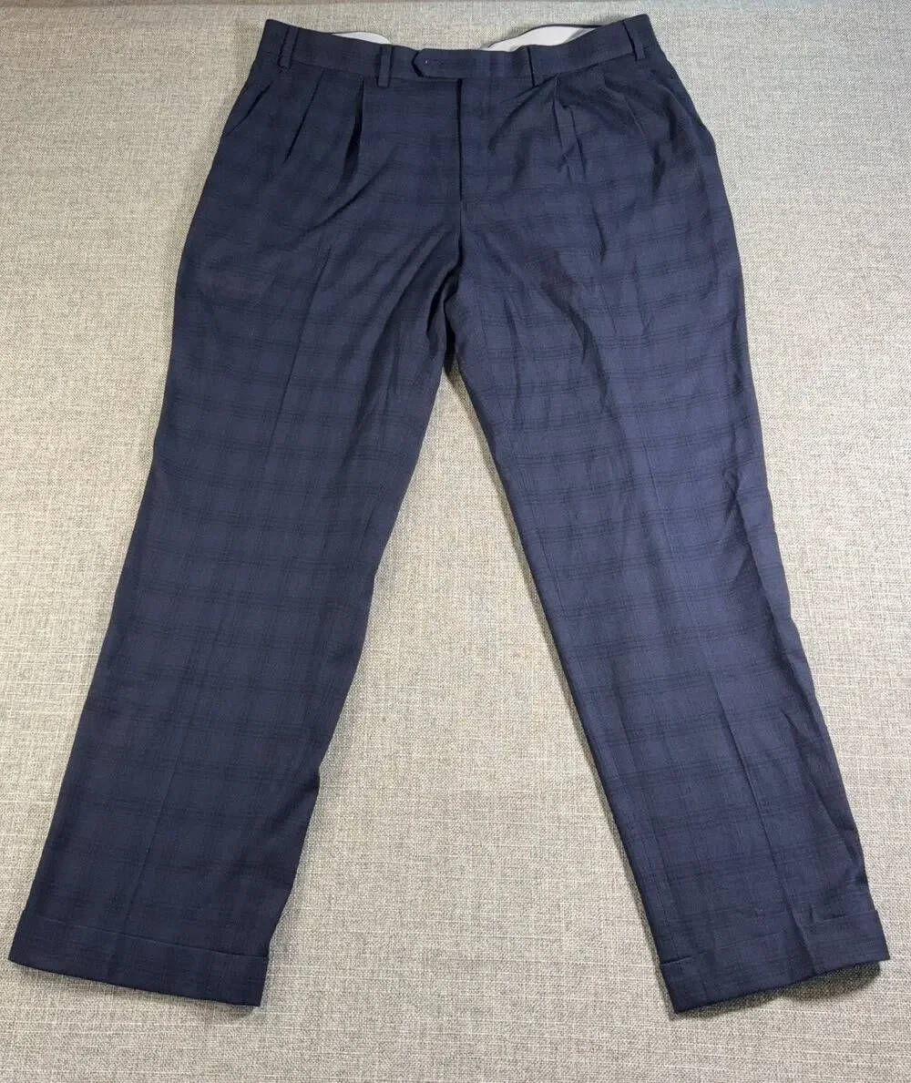Ralph Lauren Mens Dress Pants 36x30 Navy Plaid Pleated Cuffed Stretch